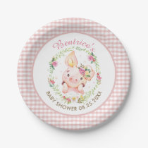 Cute Pink Pig Piggy Floral Baby Shower Birthday Paper Plates