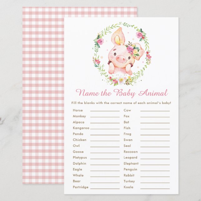 Cute Pink Pig Piglet Name the Baby Animal Game (Front/Back)
