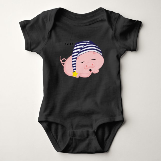 Cute Pink Pig Sleeping in Nightcap Baby Bodysuit (Front)