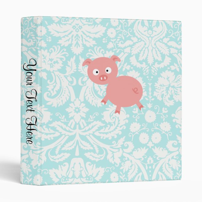 Cute Pink Pig; Teal Damask Binder (Front/Spine)