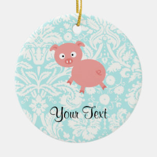Cute Pink Pig; Teal Damask Ceramic Ornament