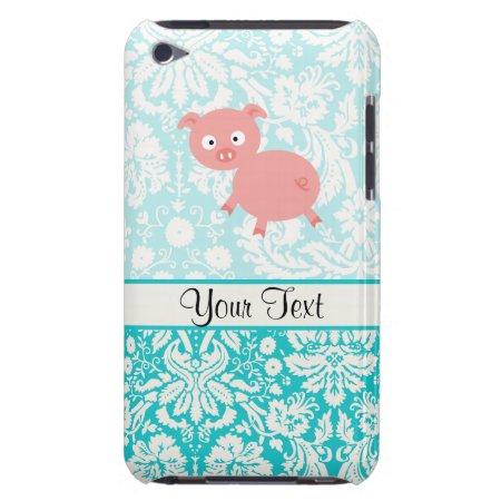 Cute Pink Pig; Teal Damask Ipod Touch Case
