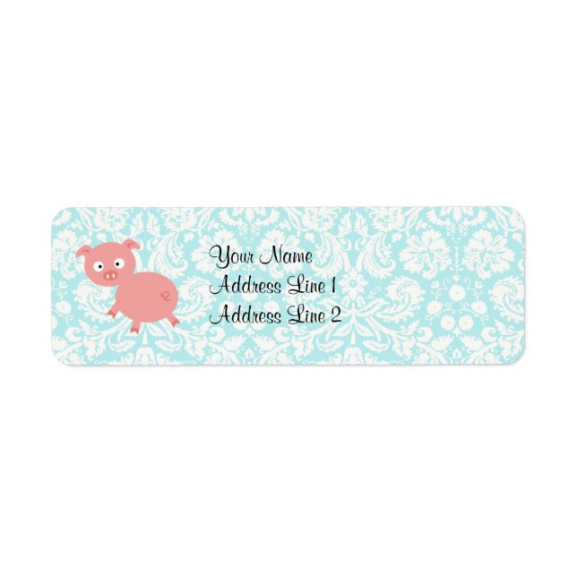 Cute Pink Pig; Teal Damask Label (Front)