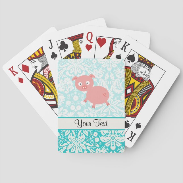 Cute Pink Pig; Teal Damask Poker Cards (Back)