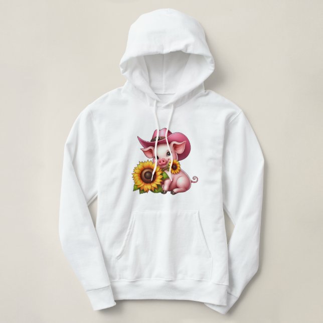 Cute Pink Pig Wearing Cowgirl Hat With Sunflowers  Hoodie (Design Front)