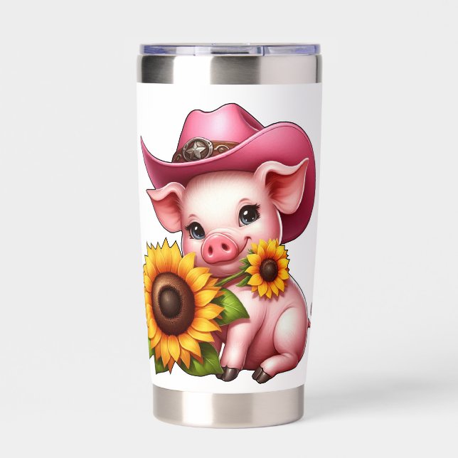 Cute Pink Pig Wearing Cowgirl Hat With Sunflowers  Insulated Tumbler (Front)