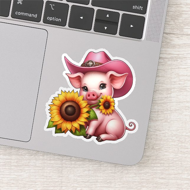 Cute Pink Pig Wearing Cowgirl Hat With Sunflowers Sticker (Detail)