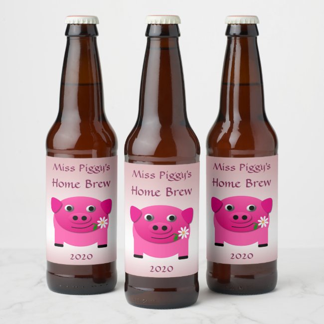 Cute Pink Pig with Flower Beer Label