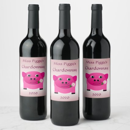 Cute Pink Pig with Flower Wine Label