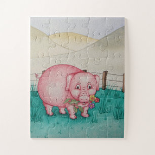 Cute pink piggy with colorful flowers farm animal jigsaw puzzle