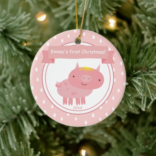 Cute Pink Piglet _ Babys First Christmas Ceramic Ornament