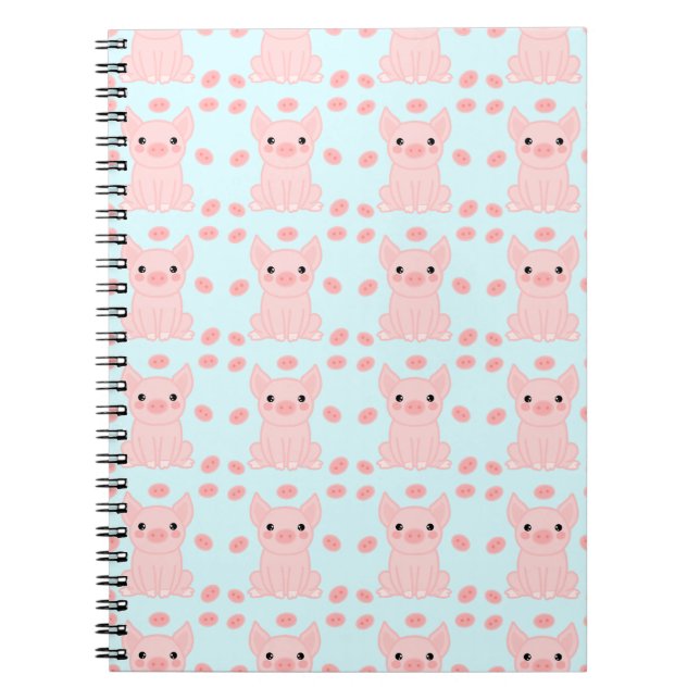 Cute Pink Piglet Blue Pattern Notebook (Front)