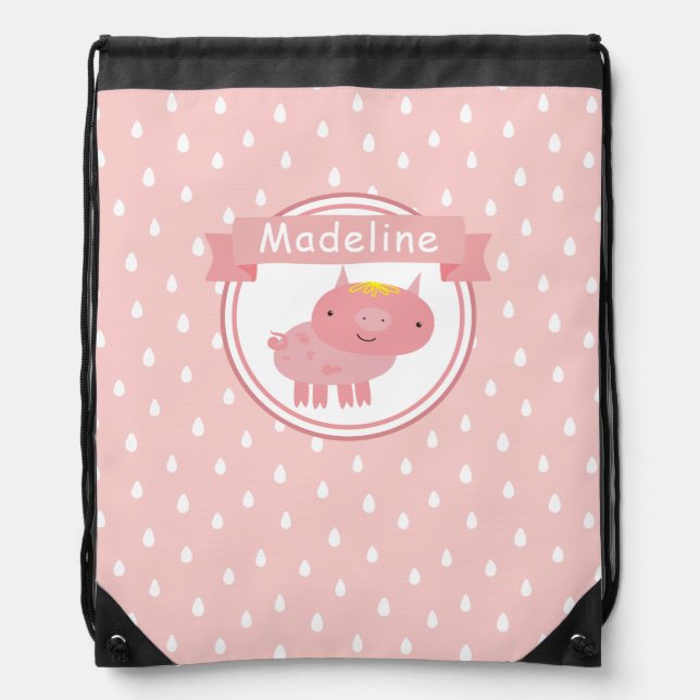 Cute Pink Piglet - Custom name Kids Drawstring Bag (Front)