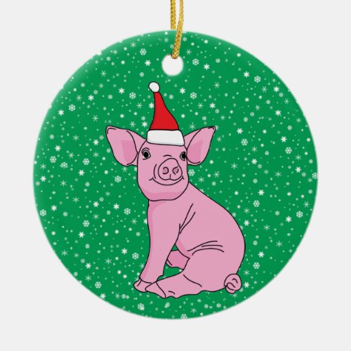 Cute Pink Piglet in Santa Hat Christmas Ceramic Ornament