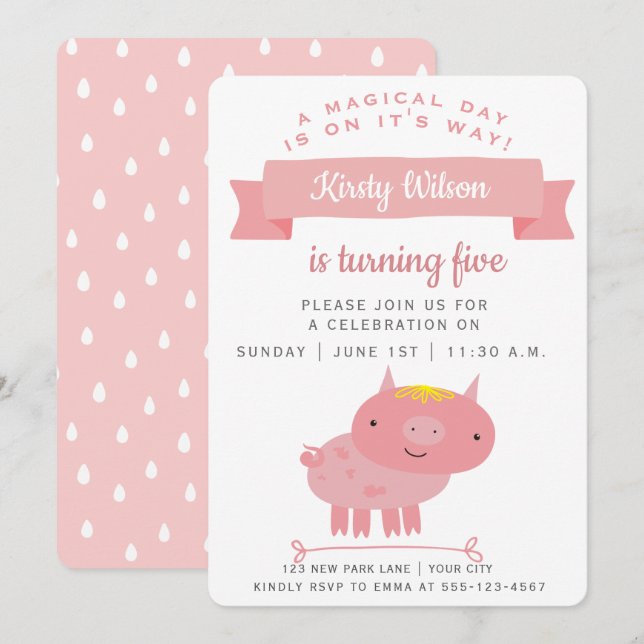 Cute Pink Piglet | Kids Birthday Party Invitation (Front/Back)