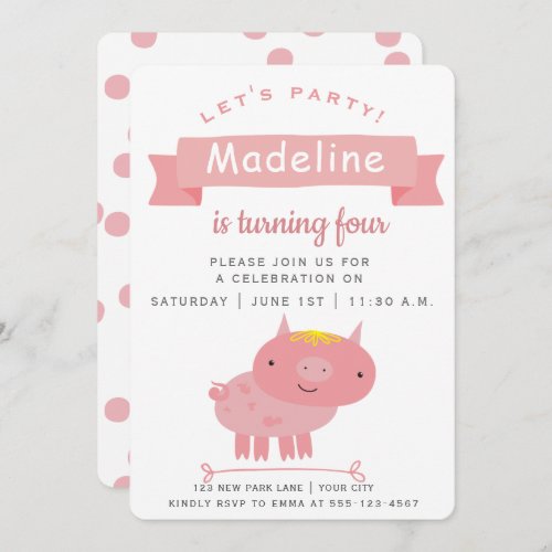 Cute Pink Piglet  Kids Birthday Party Invitation