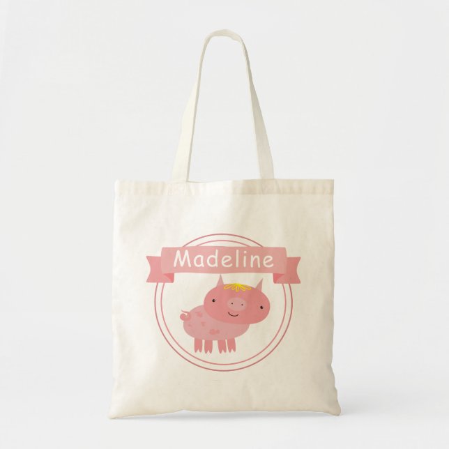 Cute Pink Piglet - Personalized Kids Tote Bag (Front)