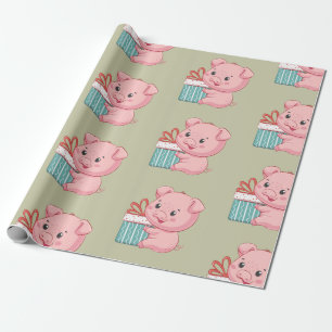 Cute Pink Piglet with Gift Box Wrapping Paper