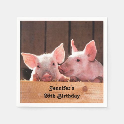 Cute Pink Piglets Animal Photograph Birthday Napkins