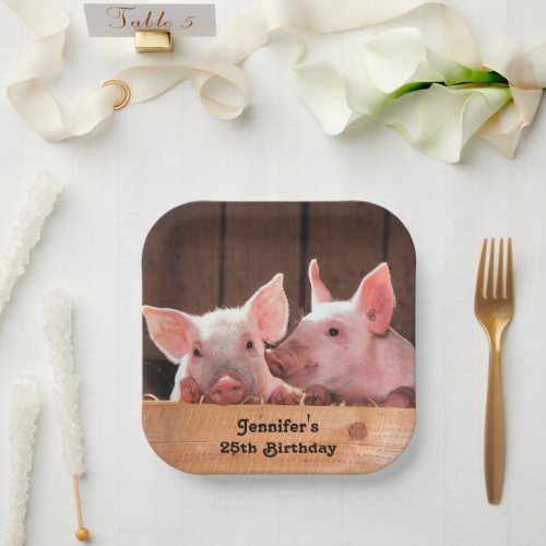 Cute Pink Piglets Animal Photograph Birthday Paper Plates