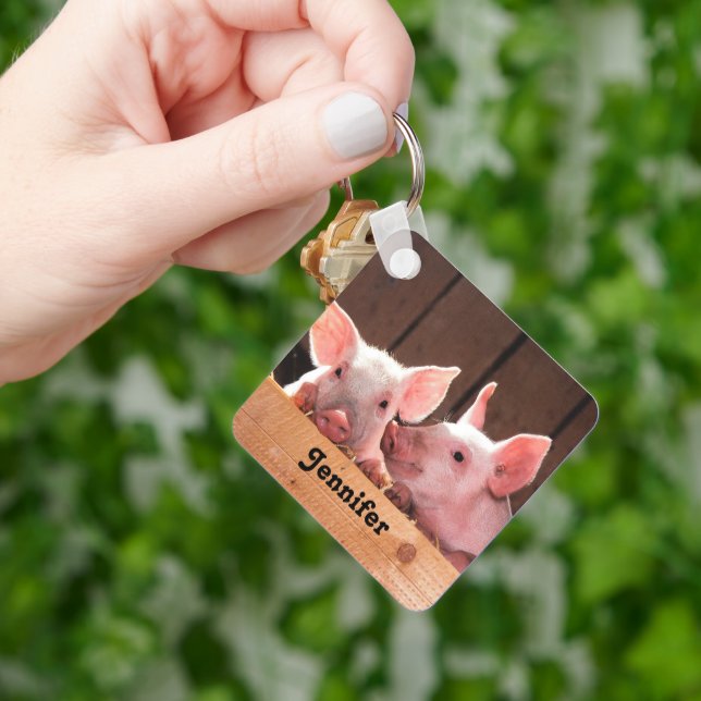 Cute Pink Piglets Animal Photograph Keychain (Hand)