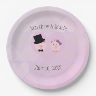 Cute Pink Pigs in  Love Heart Pattern Background Paper Plates
