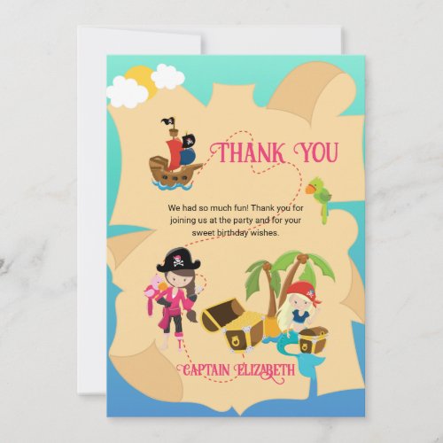 Cute Pink Pirate Girl Mermaid Personalized Thank You Card