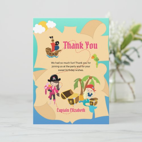 Cute Pink Pirate Girl Mermaid Treasure Map Custom Thank You Card