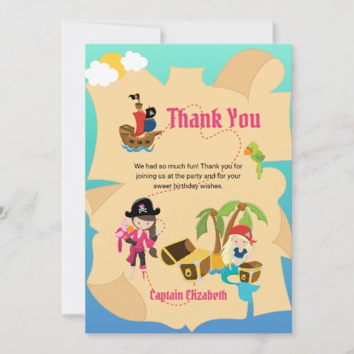 Cute Pink Pirate Girl Mermaid Treasure Map Custom Thank You Card