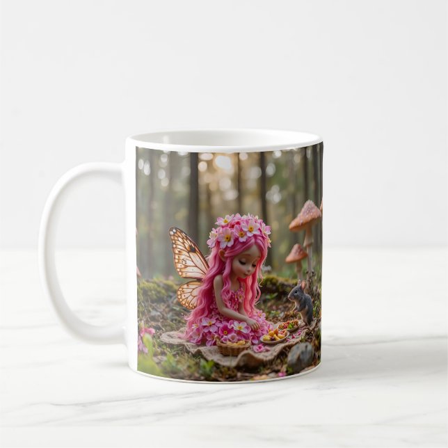 Cute Pink Pixie and Mouse Picnic Coffee Mug (Left)