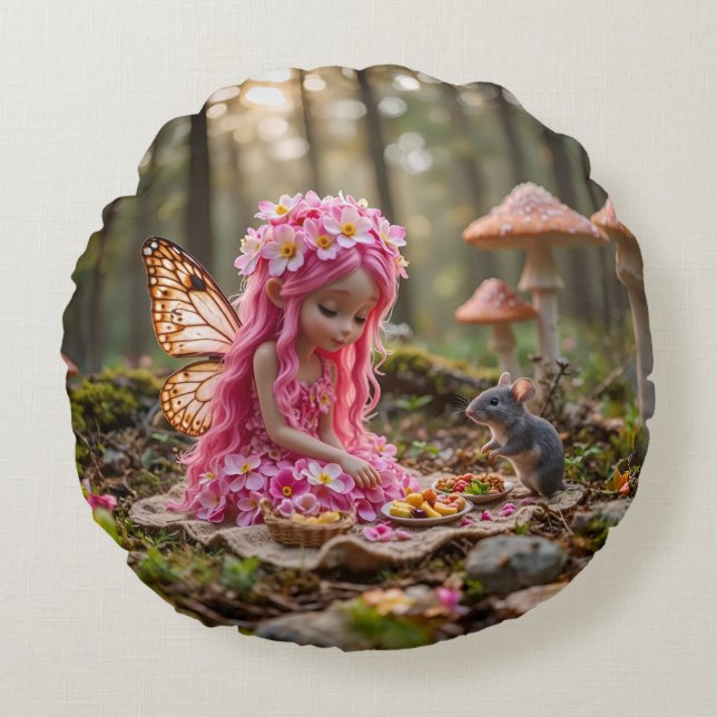 Cute Pink Pixie and Mouse Picnic Round Pillow (Front)