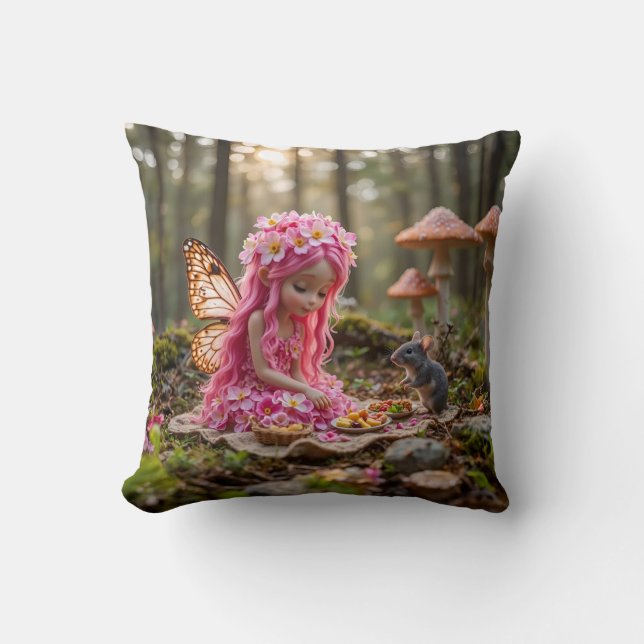 Cute Pink Pixie and Mouse Picnic Throw Pillow (Front)