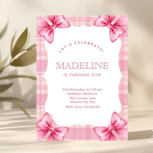 Cute Pink Plaid & Bow Coquette Girl Birthday  Invitation (Creator Uploaded)