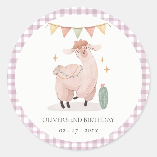 Cute Pink Plaid Cactus Boho Llama Any Age Birthday Classic Round Sticker (Front)