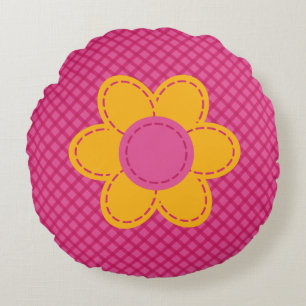 Cute pink plaid girl nursery kids room flower round pillow