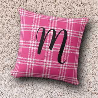 Cute Pink Plaid Monogram Initials Tartan Throw Pillow