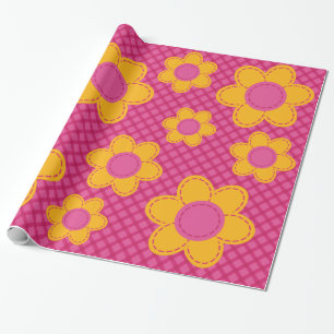 Cute pink plaid pattern stiched flower spring girl wrapping paper