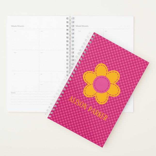 Cute pink plaid pattern stitch yellow flower name planner (Display)