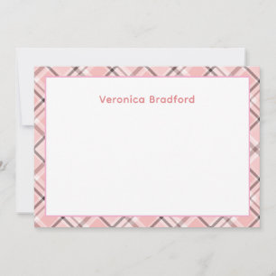 Cute Pink Plaid Personalized Name Flat Note Card