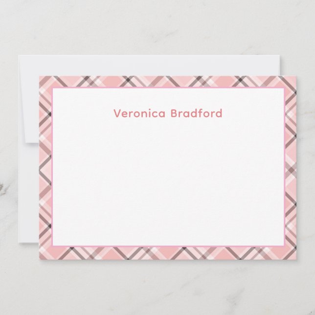 Cute Pink Plaid Personalized Name Flat Note Card (Front)