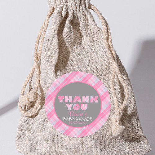 Cute Pink Plaid Tartan Thank You Baby Shower Classic Round Sticker