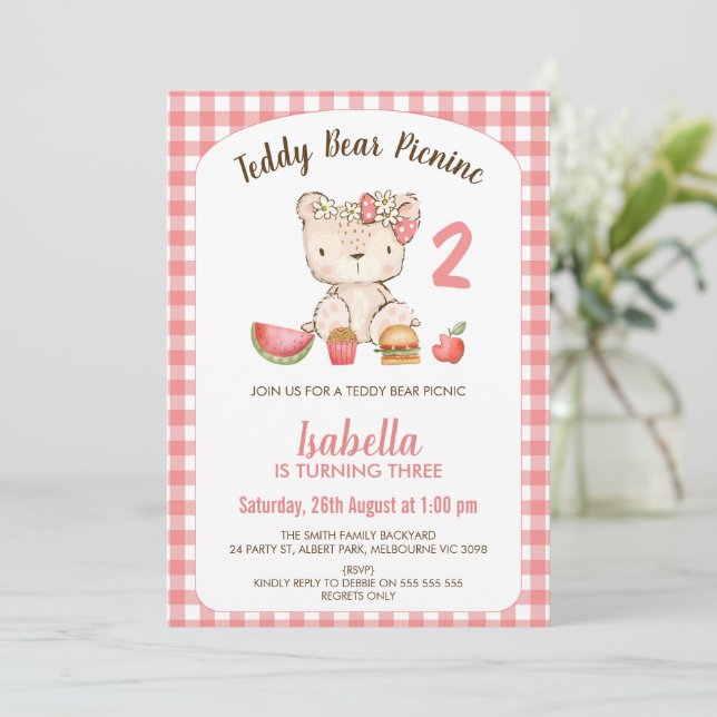 Cute Pink Plaid Teddy Bear Picnic Birthday Invitation (Standing Front)