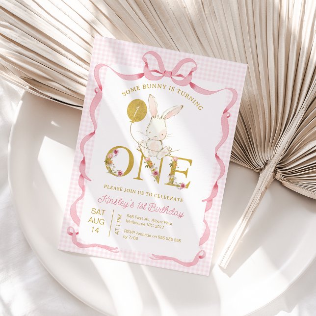 Cute Pink Plaid Wildflower Some Bunny 1st Birthday Invitation (Bunny 1st Birthday Invitation Template, Editable Some Bunny 1st Rabbit First Birthday Invitation Bow)