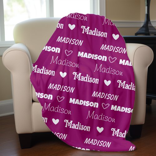 Cute pink plum repeating name personalized girly fleece blanket