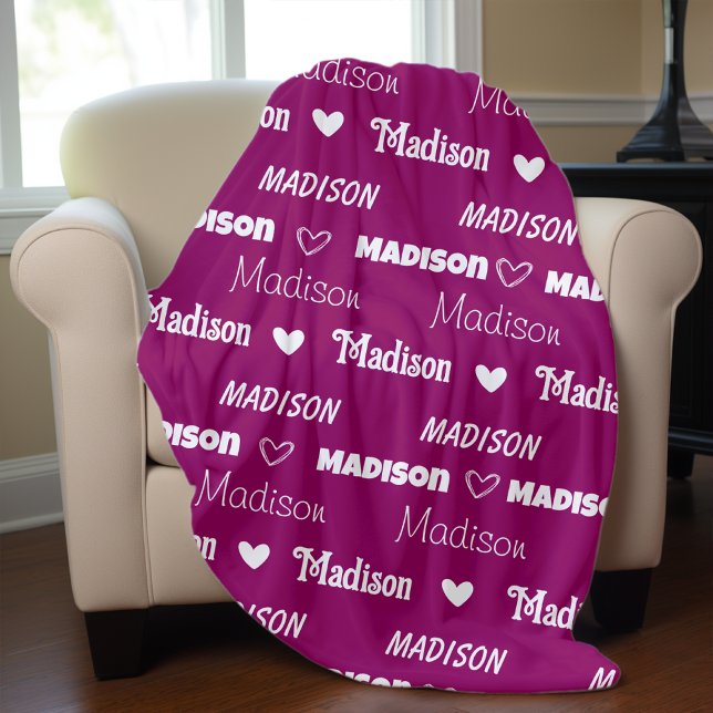 Cute pink plum repeating name personalized girly fleece blanket (Creator Uploaded)