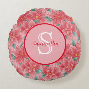 Cute Pink Poinsettia Personalized Monogram Round Pillow