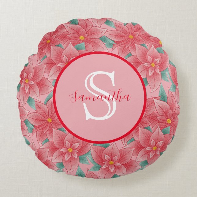 Cute Pink Poinsettia Personalized Monogram Round Pillow (Front)