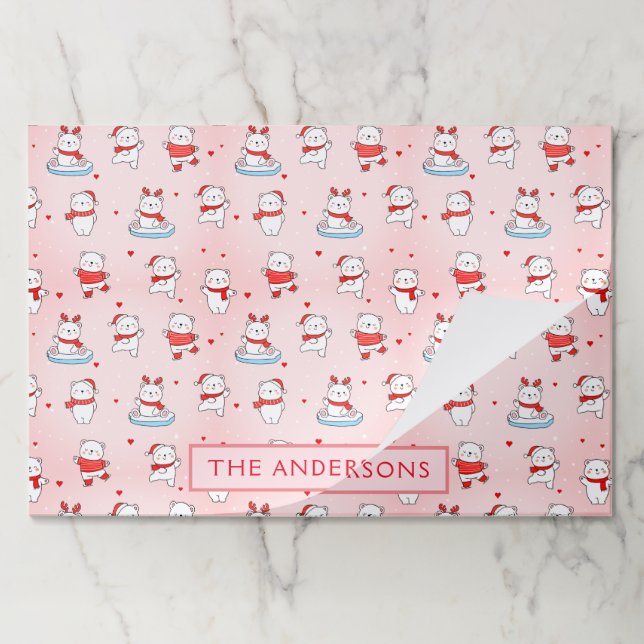 Cute Pink Polar Bear Christmas  Paper Placemat (Folded)