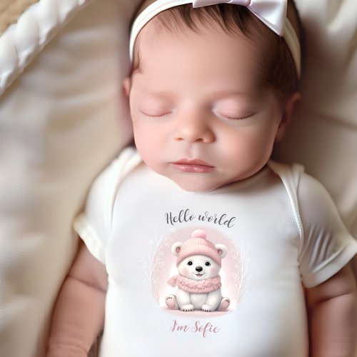 Cute Pink Polar Bear Name Girl Baby Bodysuit