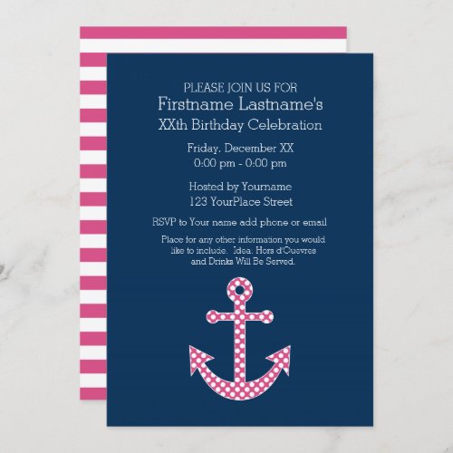 Cute Pink Polka Dot Anchor Birthday Party Invitation